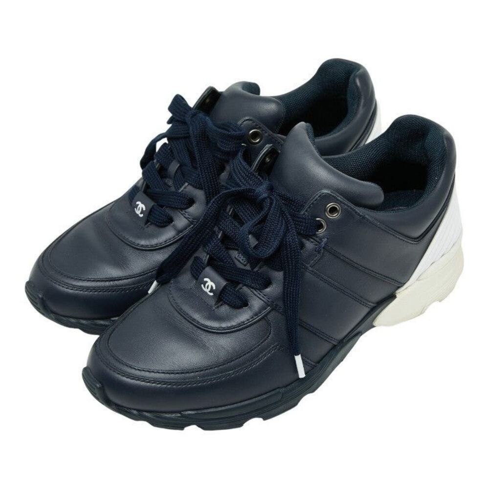 Chanel CC Logo Leather Sneakers Navy